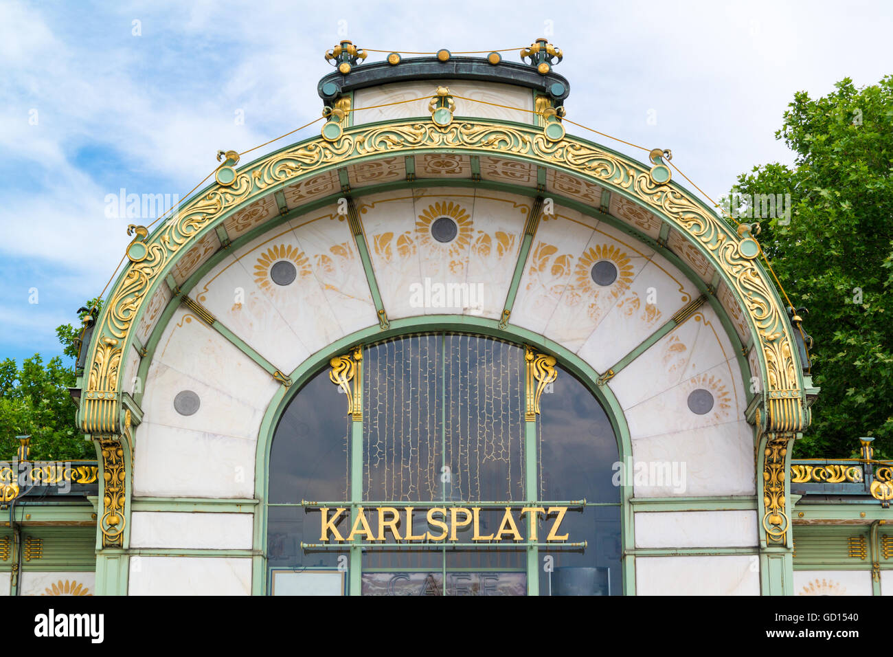 Top of front facade of former Stadtbahn station on Karlsplatz square in Vienna, Austria Stock Photo