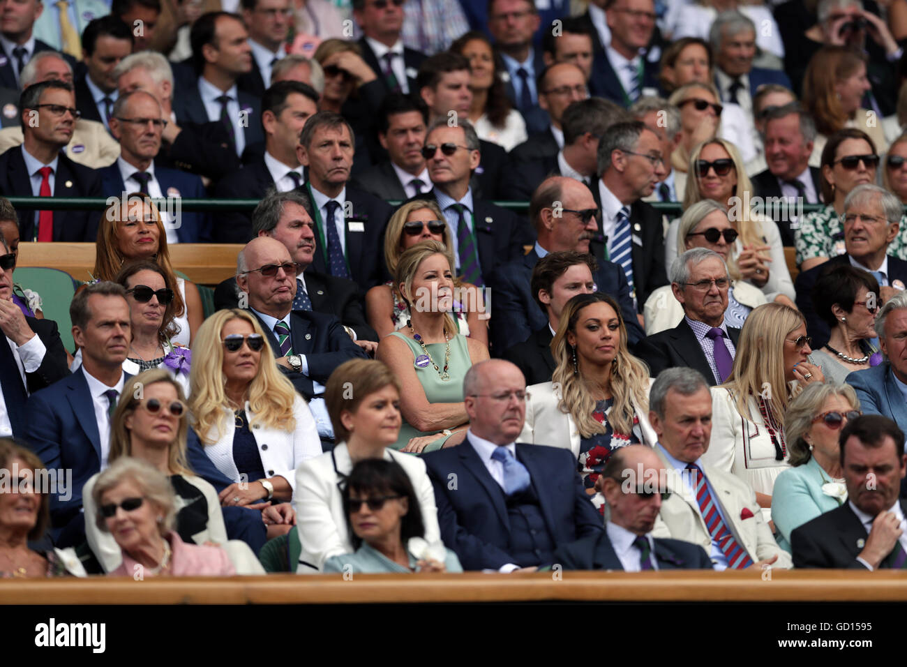 Chris Evert (centre) in the Royal Box on day thirteen of the Wimbledon Championships at the All England Lawn Tennis and Croquet Club, Wimbledon. Stock Photo