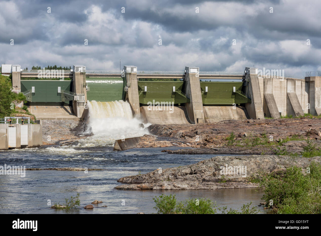Hydropower Plant in Stornorrfors, Sweden with a cloudy sky. Stock Photo