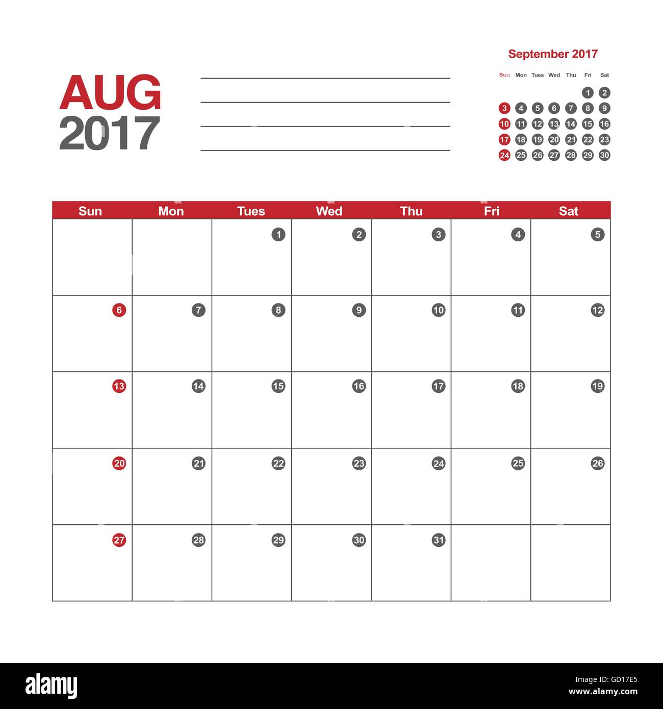 Template of calendar for August 2017 Stock Vector Image &amp; Art - Alamy