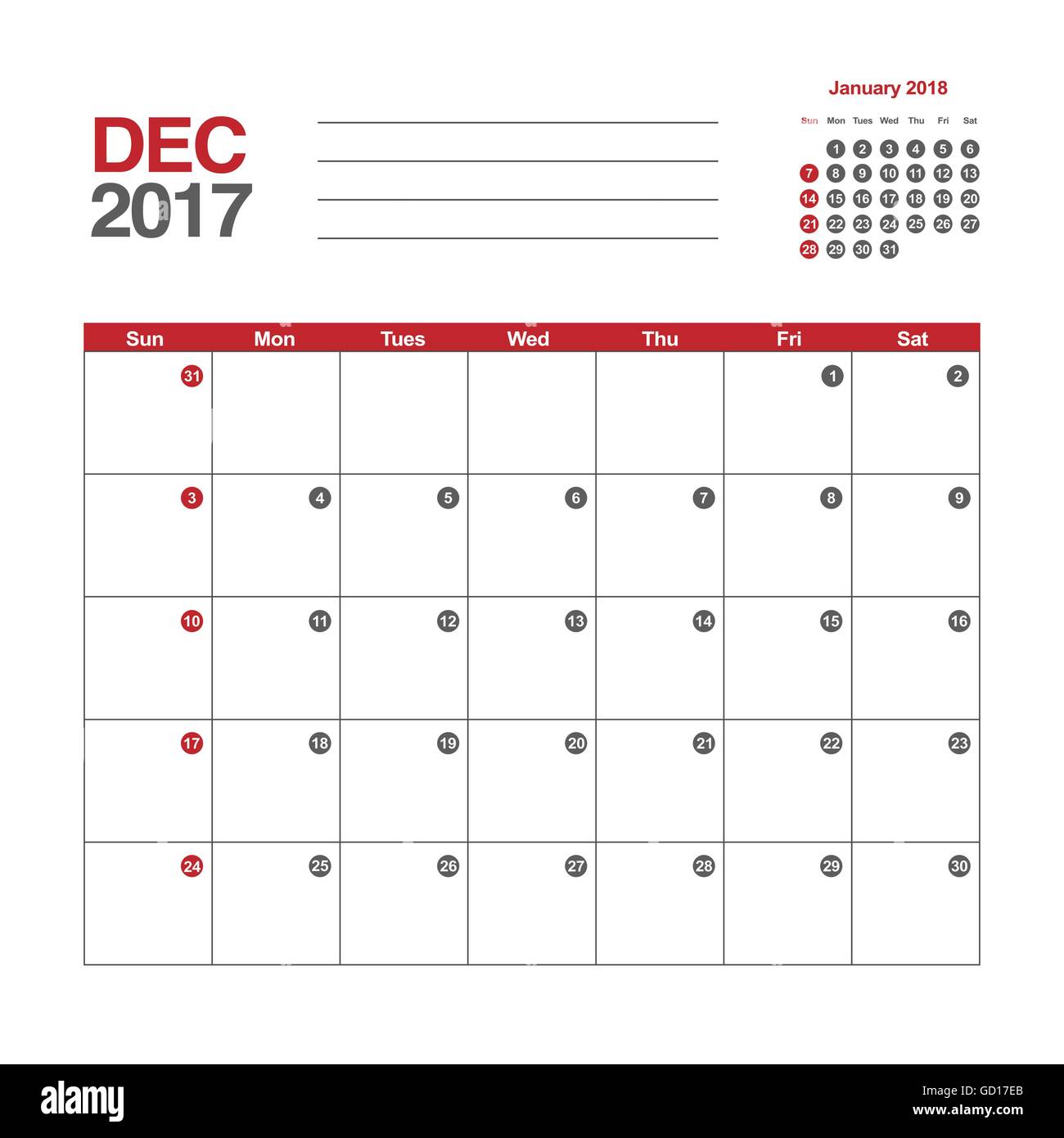 Template of calendar for December 2017 Stock Vector Image &amp; Art - Alamy