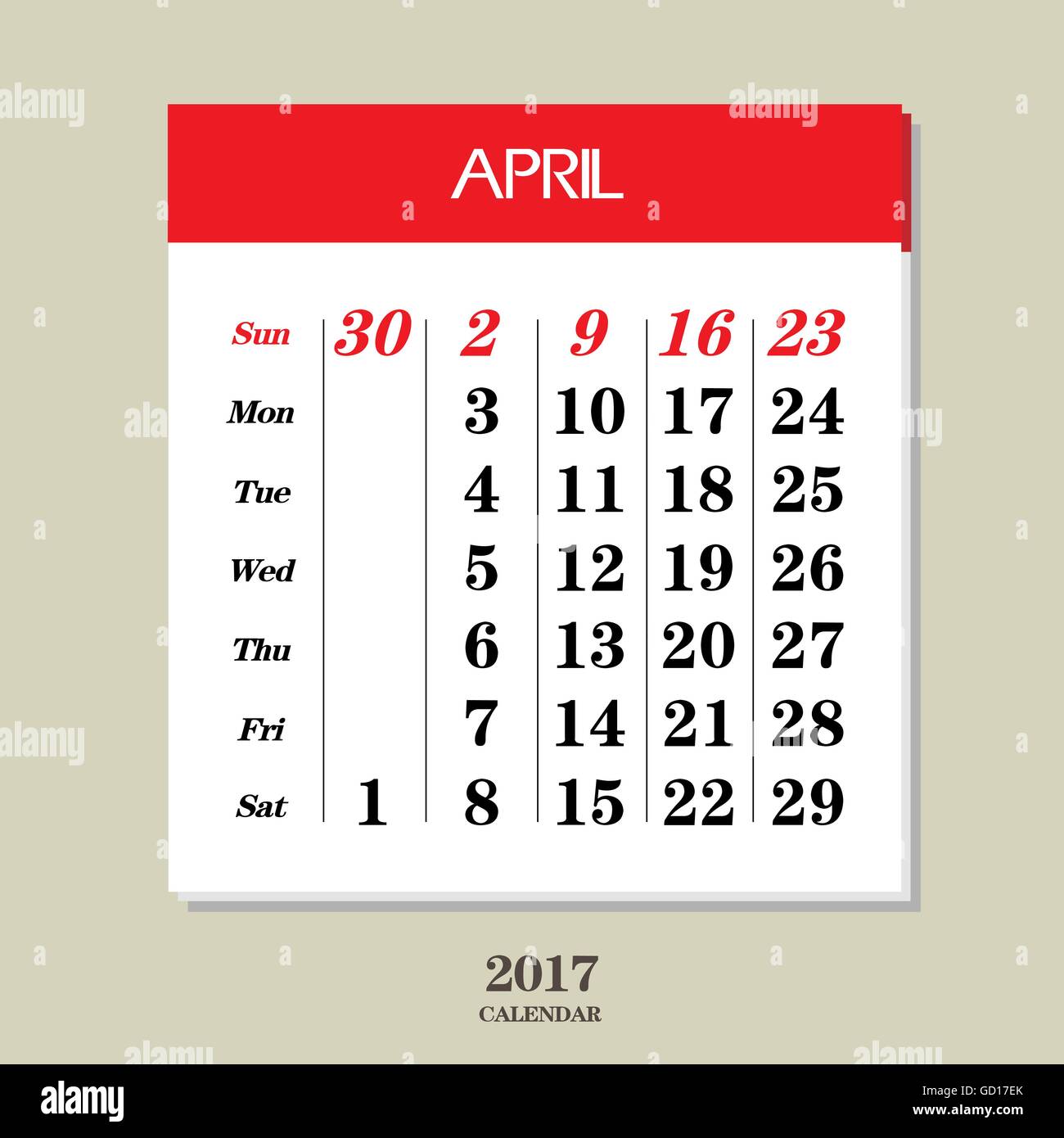 Template of calendar for April 2017 Stock Vector Image & Art - Alamy