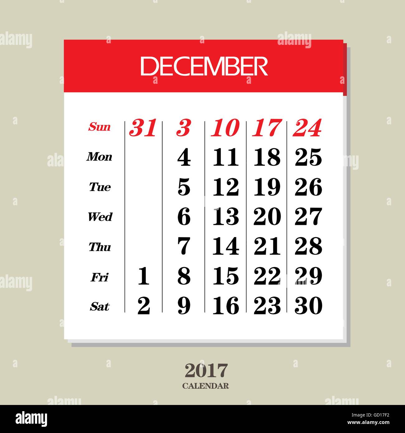 Template of calendar for December 2017 Stock Vector Image & Art - Alamy