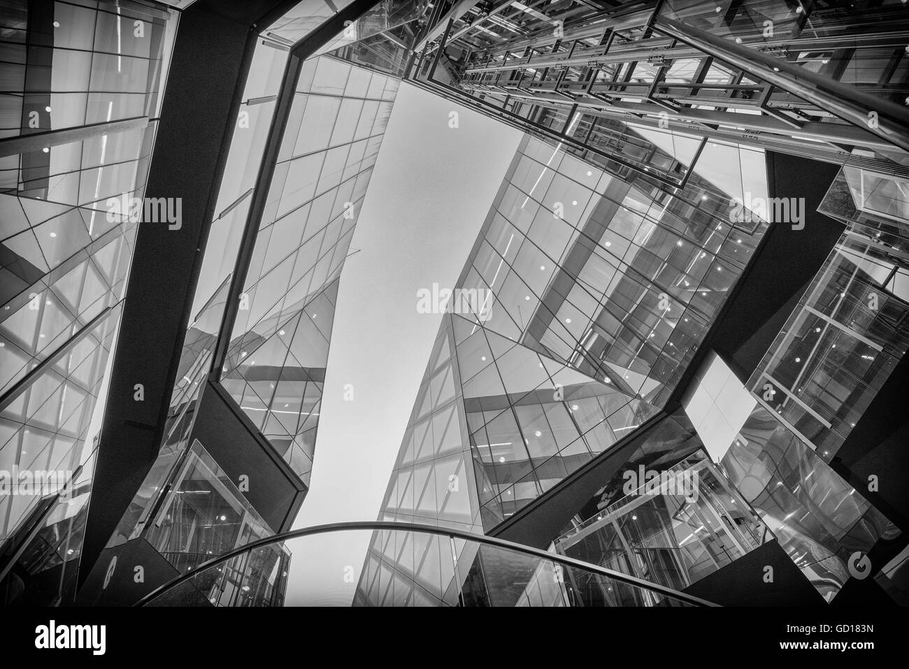Reflections on glass structure of One New Change shopping mall near St. Paul's Cathedral in London. Stock Photo