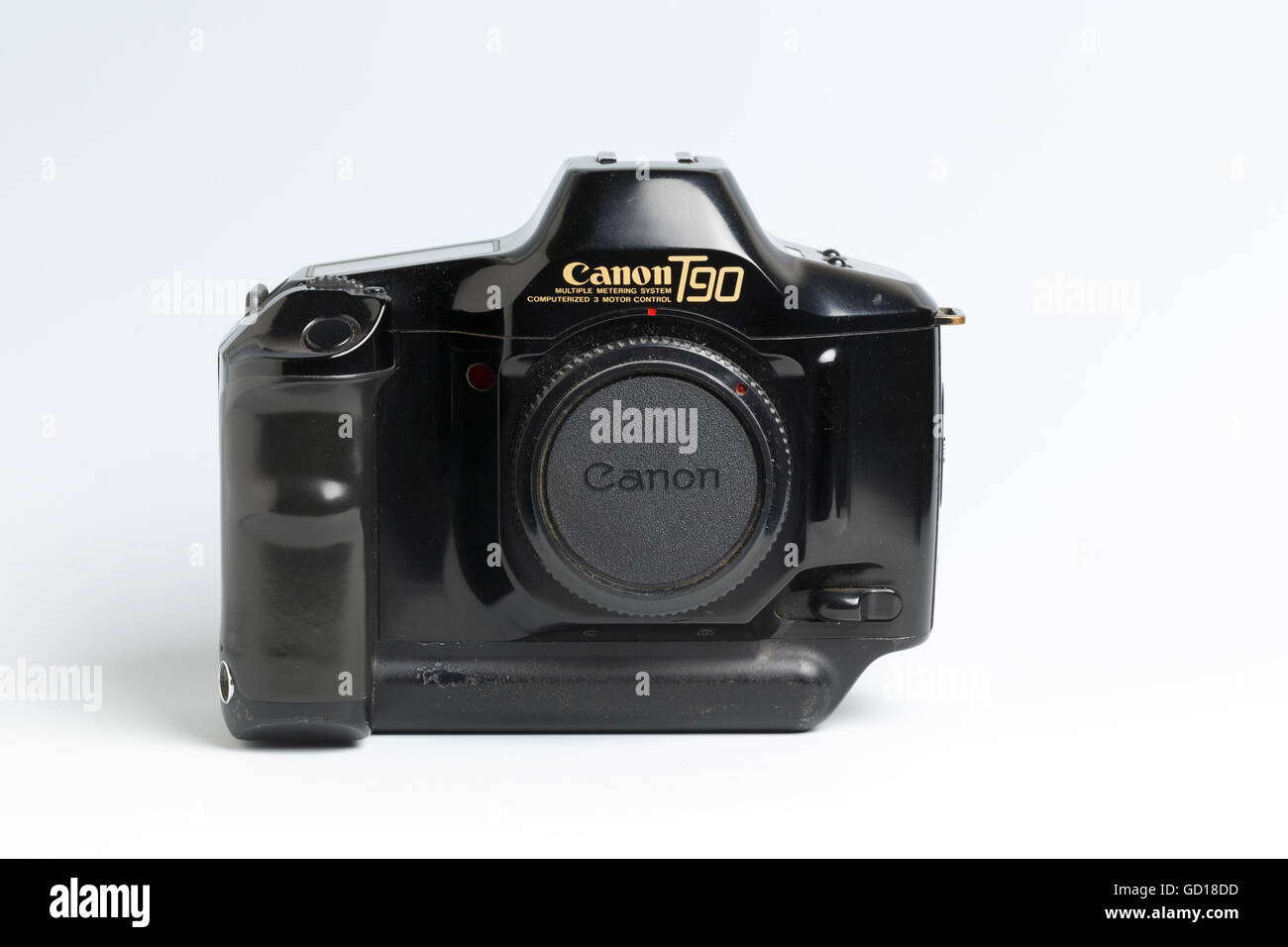 Canon T90 SLR camera, with automatic film advance and ergonomic design, or 'bio-form'. Designed by Luigi Colani, introduced 1986 Stock Photo