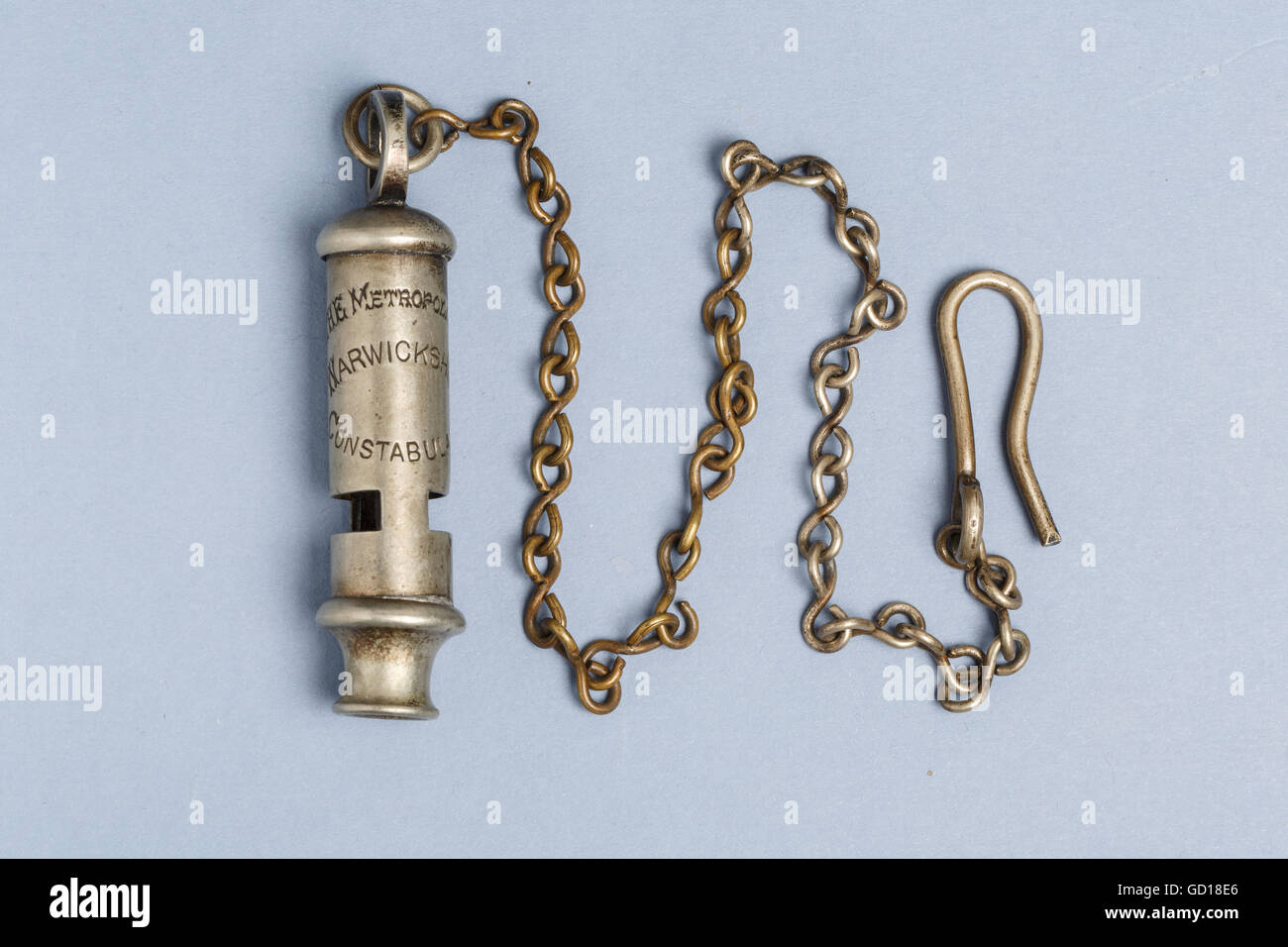 Police whistle, Warwickshire Constabulary, made by Hudson and Sons. Birmingham, with chain Stock Photo