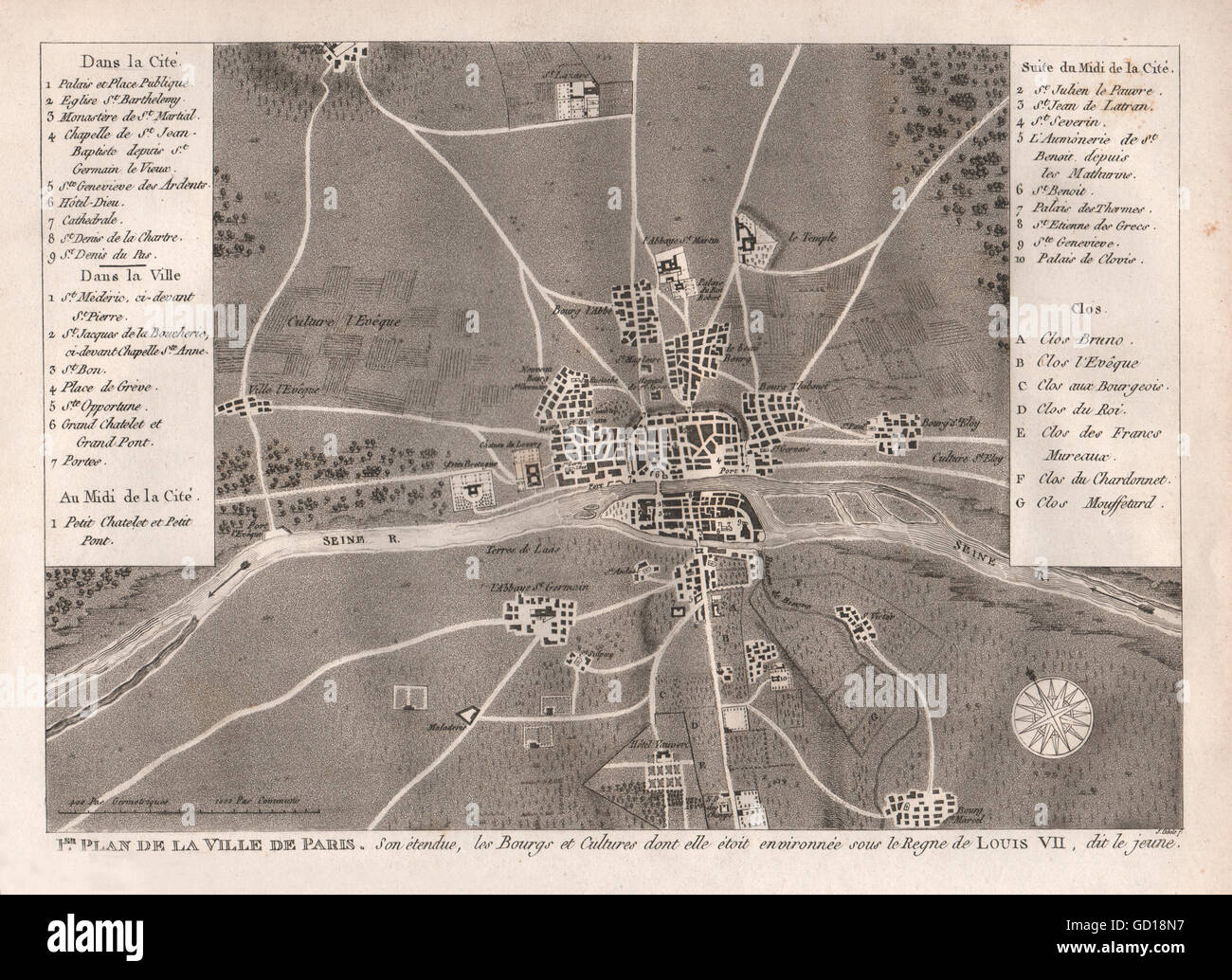 VILLE DE PARIS c1180: sous le regne de Louis VII. City plan. Aquatint, 1808 map Stock Photo