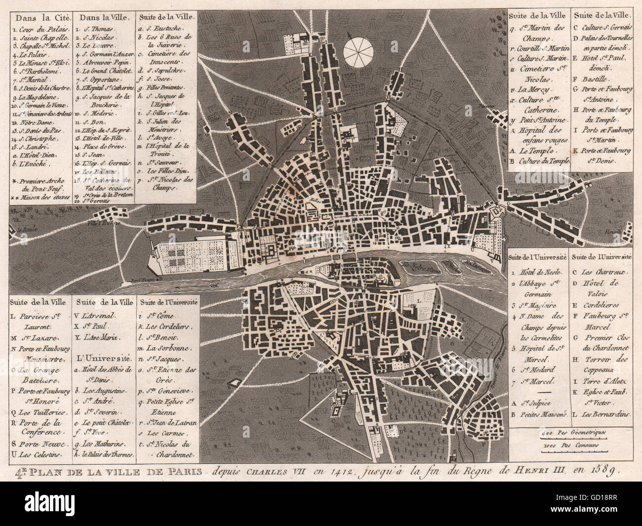 VILLE DE PARIS 1412-1589: sous Charles VII-Henri III. Town city plan, 1808 map Stock Photo