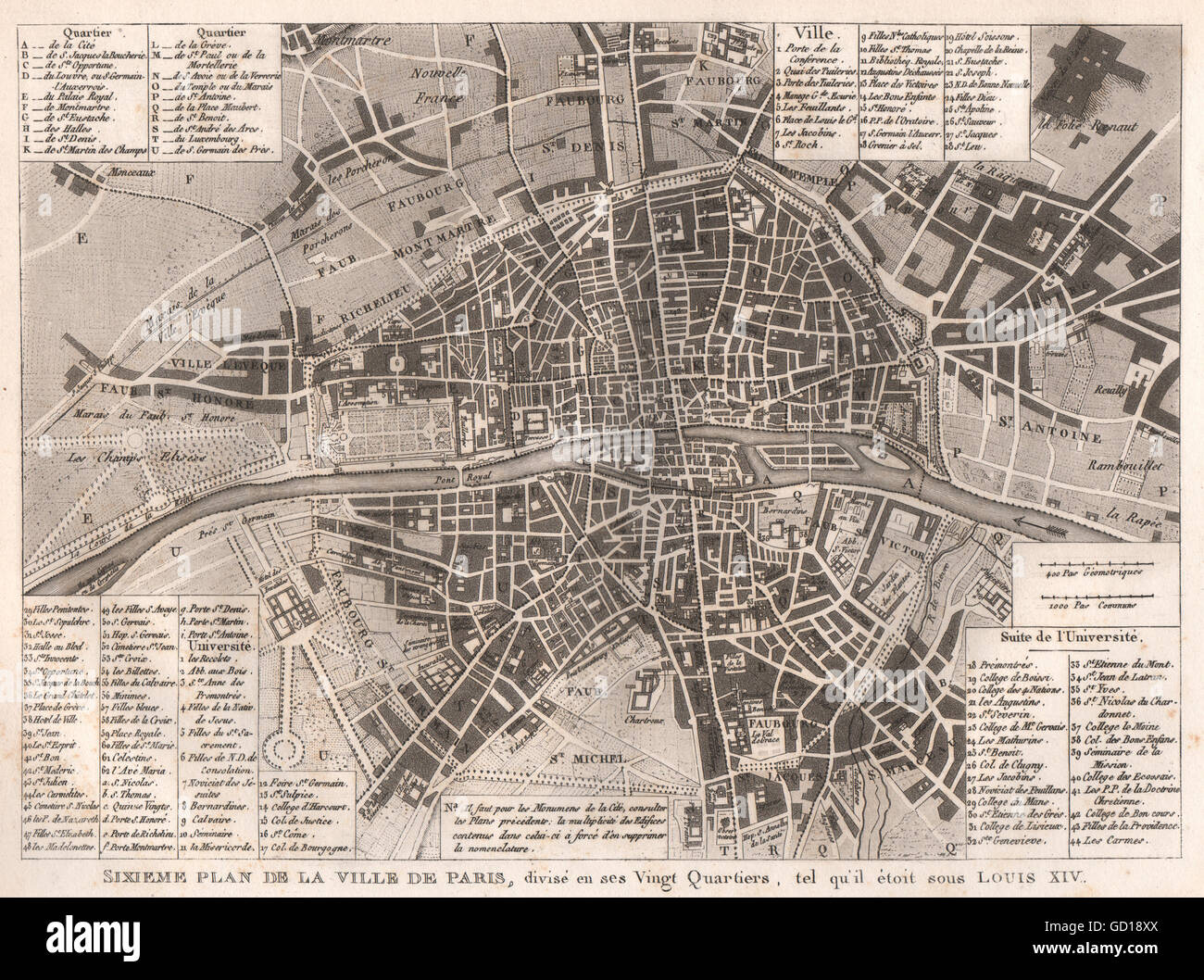VILLE DE PARIS c1715: Divisé en 20 quartiers sous Louis XIV. City plan, 1808 map Stock Photo