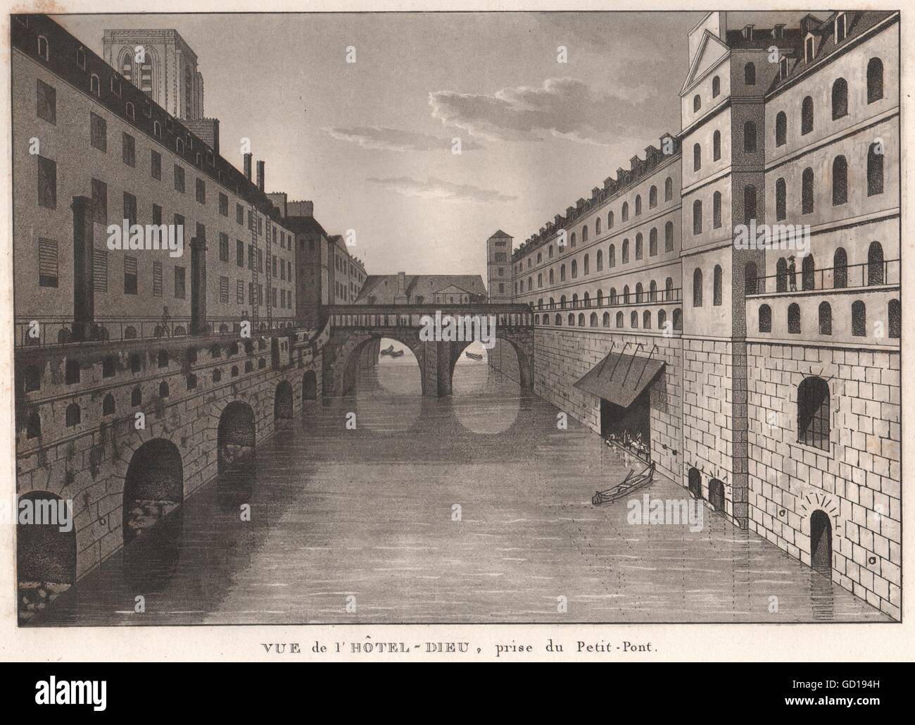 PARIS: Hôtel-Dieu, prise du Petit-Pont. Aquatint, antique print 1808 Stock Photo