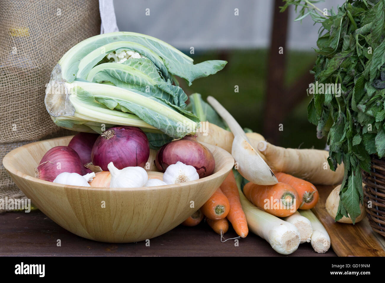 Table filled with a Banquet of Medieval Raw fresh foods Stock Photo