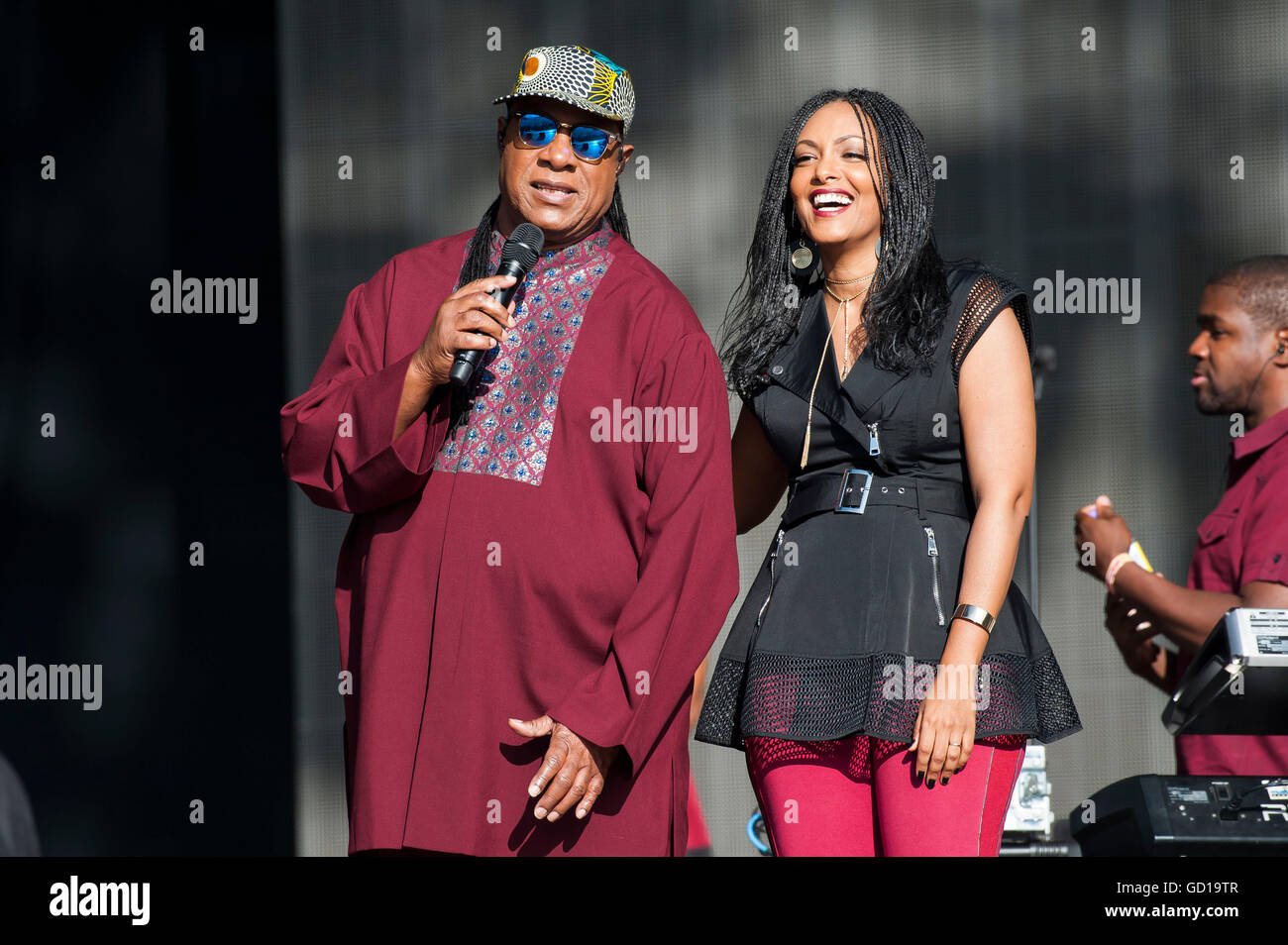 EDITORIAL USE ONLY Stevie Wonder and Wayna Wondwossen, performing at the British Summer Time festival in Hyde Park, London. Stock Photo