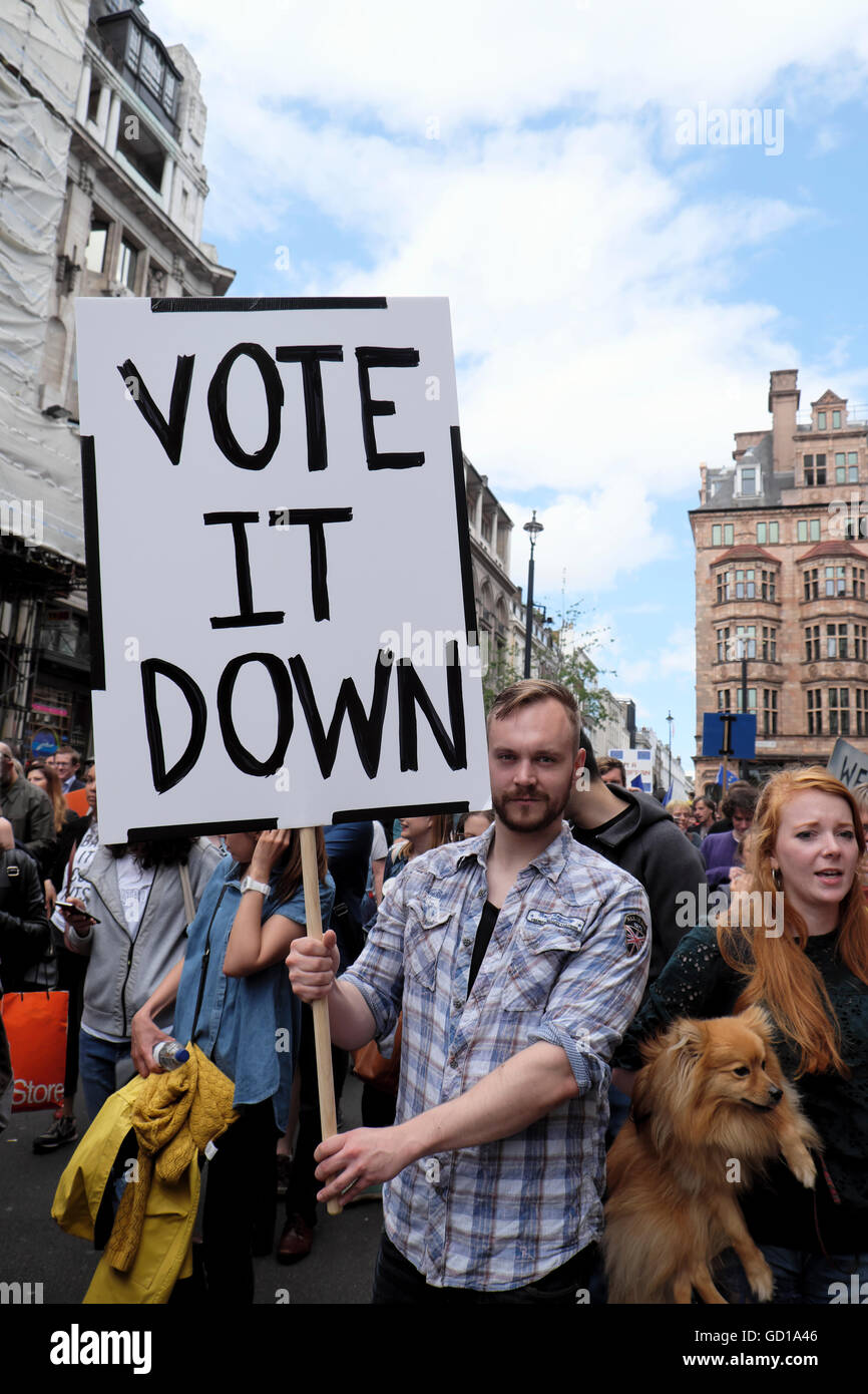 'Vote it down'  placard at the Anti Brexit demo 'March for Europe' on 2nd July 2016  in London England  KATHY DEWITT Stock Photo