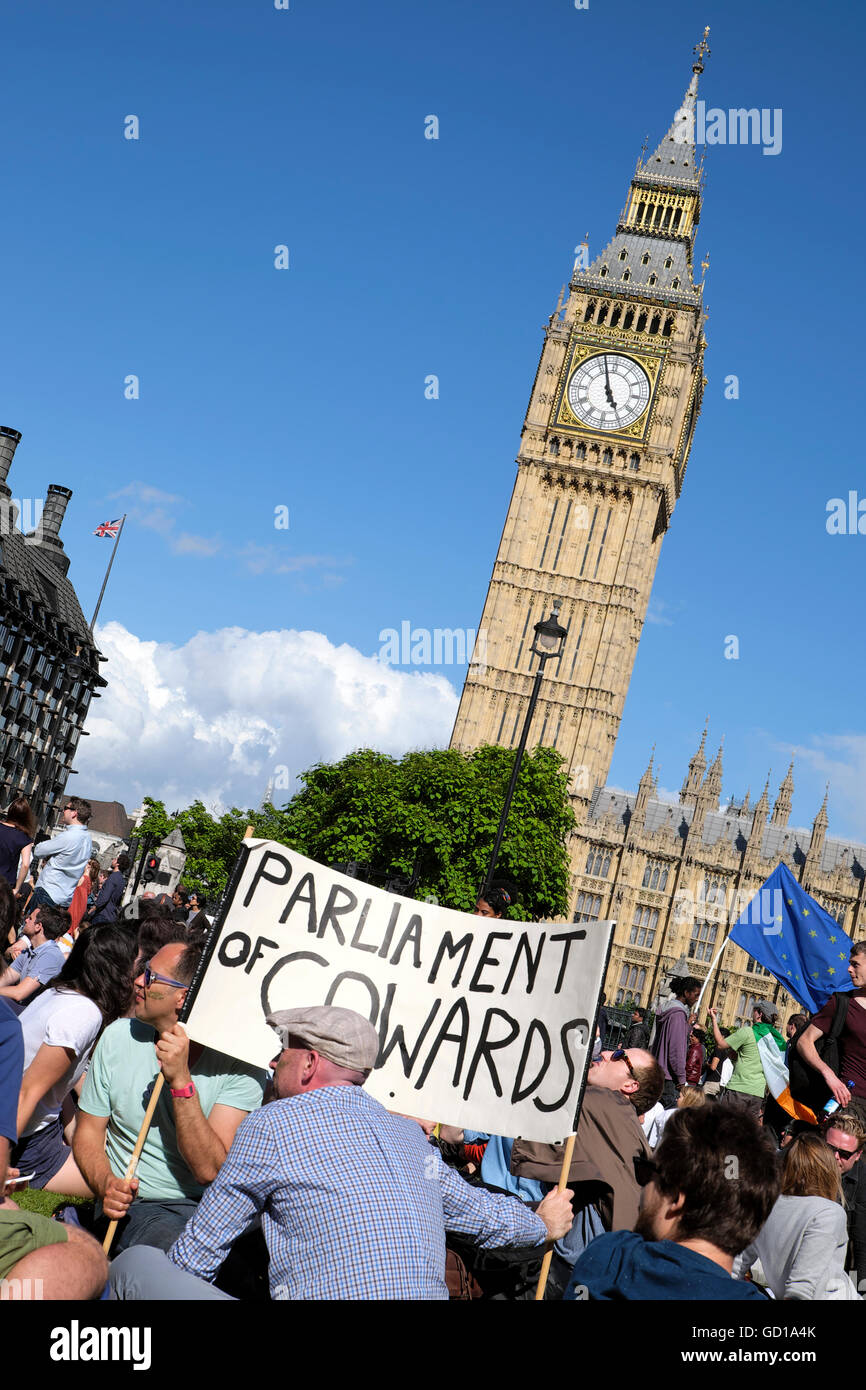 Parliament of Cowards sign in front of  Big Ben in crowd at the Anti Brexit demo  on 2nd July 2016  London England  KATHY DEWITT Stock Photo
