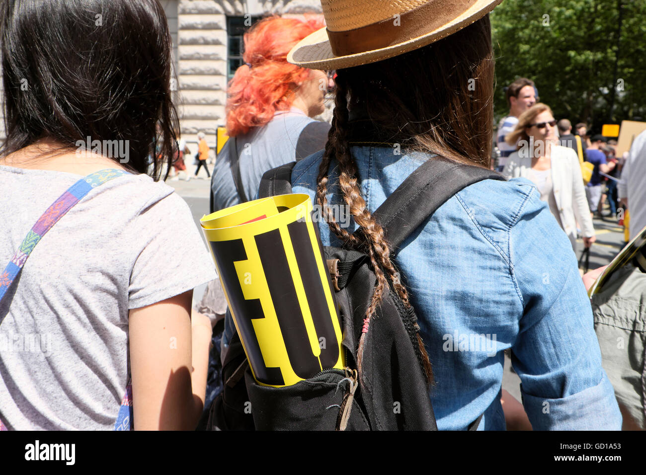 EU poster in  backpack of protester at the Anti Brexit demo 'March for Europe' on 2nd July 2016  in London England  KATHY DEWITT Stock Photo