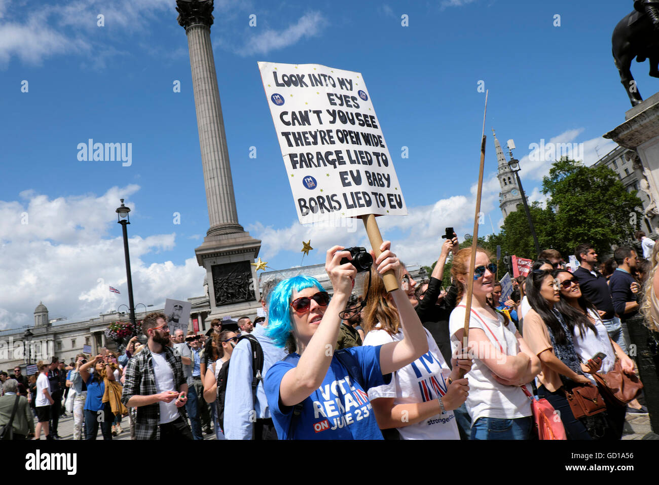 Female protester & Boris Lied placard at the Anti Brexit demo 'March for Europe' on 2nd July 2016 London England  KATHY DEWITT Stock Photo