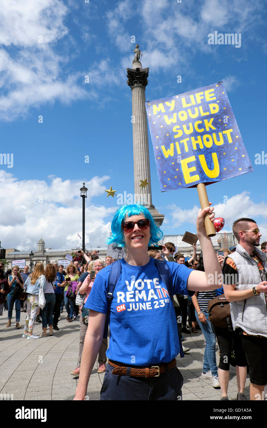 Protester at the Anti Brexit demo with My Life would Suck poster Without EU poster July 2016  in London UK England  KATHY DEWITT Stock Photo