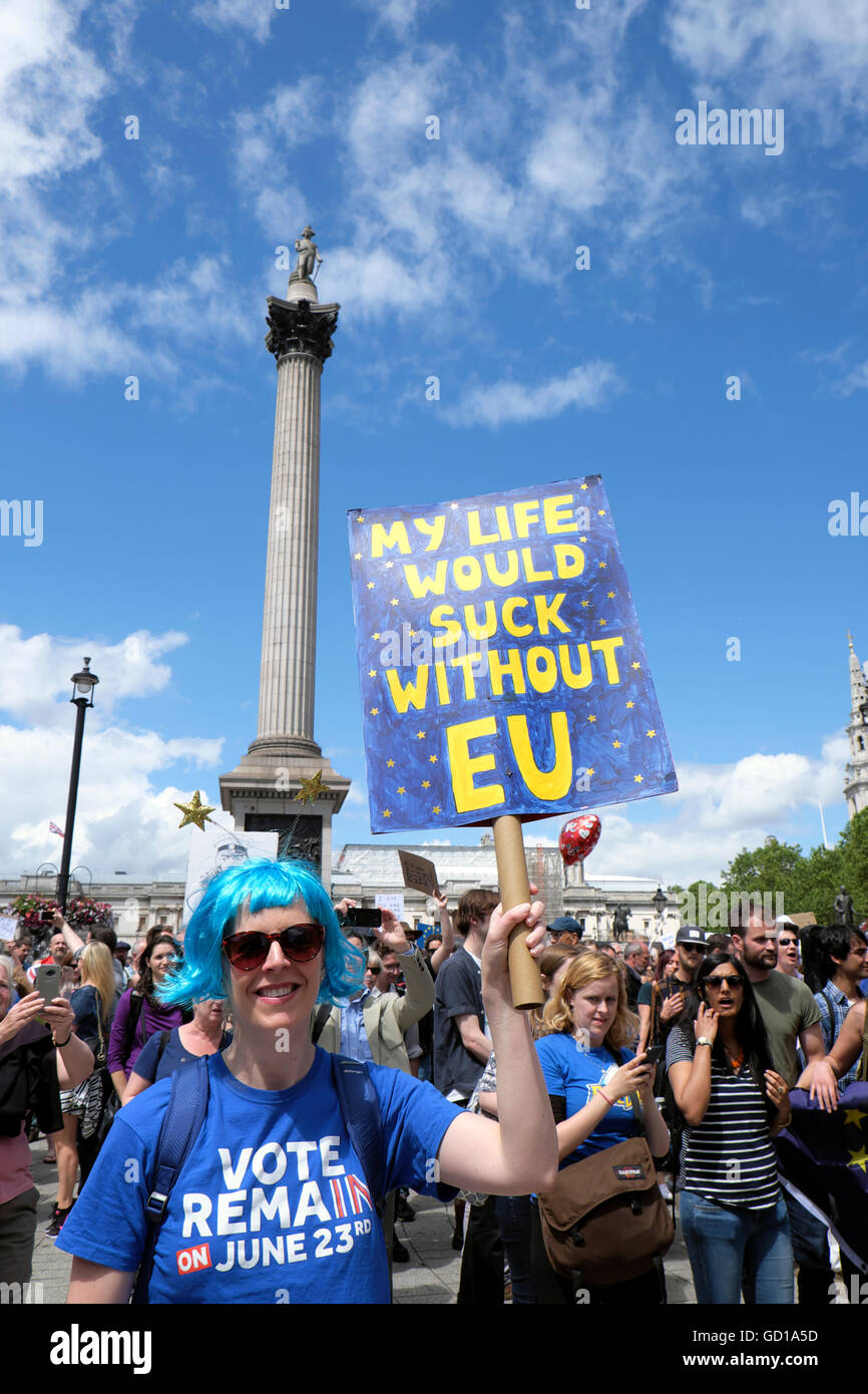 Vote remain protester protestor at the Anti Brexit demo protest My Life Would Suck Without EU' poster July 2016  in London UK England  KATHY DEWITT Stock Photo