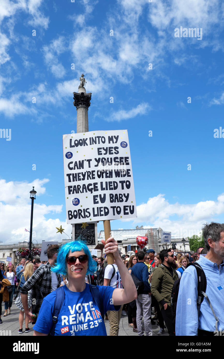 Protester with blue hair at the Anti Brexit demo with Farage Boris EU lied poster 2nd July 2016  in London England  KATHY DEWITT Stock Photo