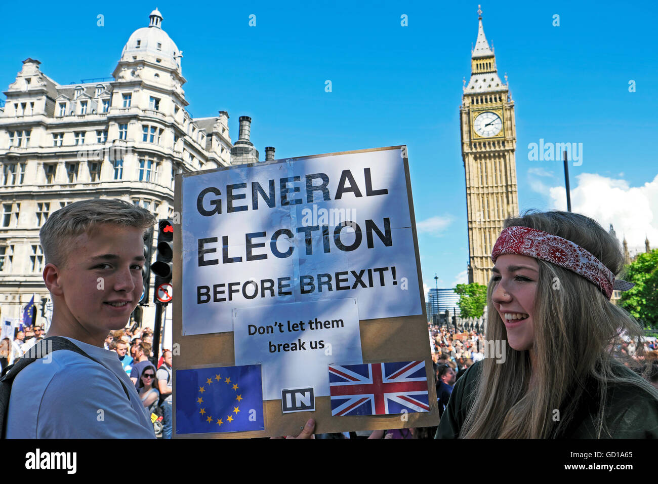 Teen protesters protestors call for a General Election before Brexit at demonstration  'March for Europe' 2nd July 2016 London England  KATHY DEWITT Stock Photo
