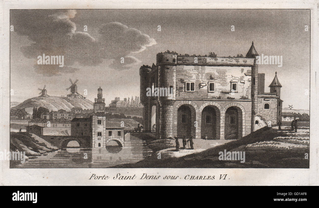 PARIS: Porte Seine Saint Denis sous. Charles VI. Aquatint, antique print 1808 Stock Photo