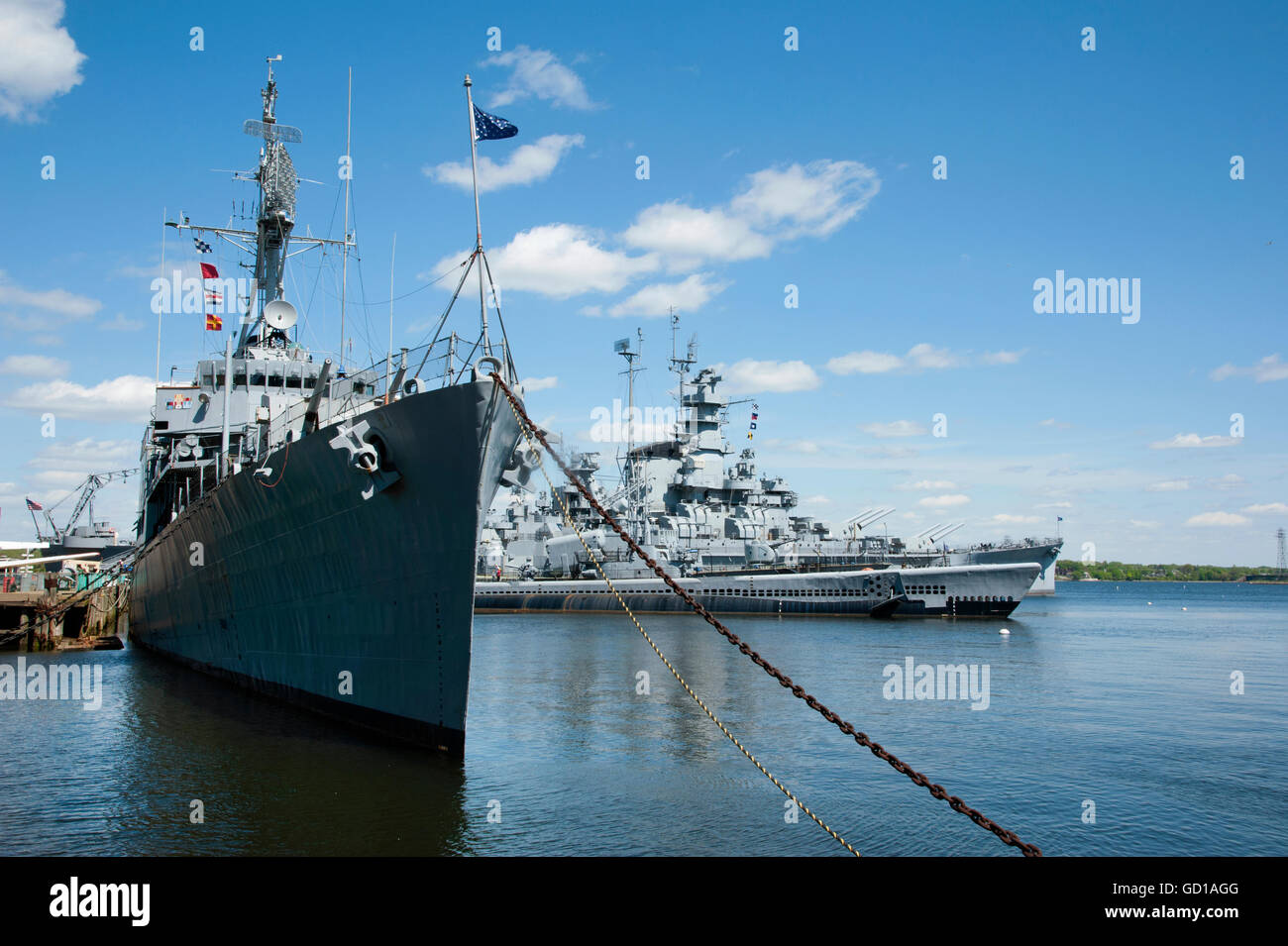 Battleship Cove is an outdoor naval museum attraction in Fall River, Massachusetts Stock Photo