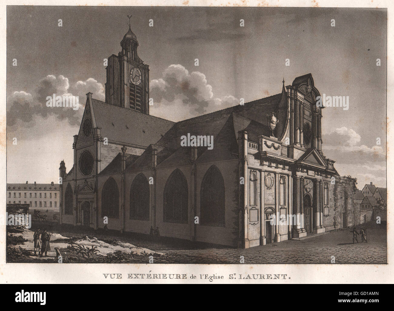 PARIS: Eglise Saint-Laurent. Aquatint, antique print 1808 Stock Photo