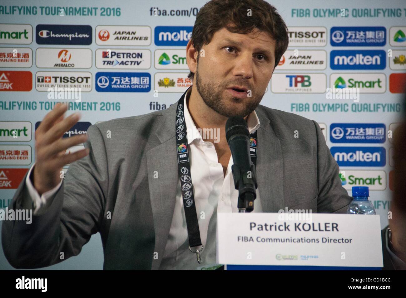 Pasay, Philippines. 10th July, 2016. Patrick Koller talking about the competition changes with the media. Predrag Bogosavljev (FIBA Sport & Competitions Director) and Patrick Koller (FIBA Communications Director) conducted a press conference on Sunday before the final qualifying game at the mall of Asia Arena in Pasay City, Metro Manila. The FIBA officials discussed the changes to the upcoming tournaments in the next few years. © J Gerard Seguia/Pacific Press/Alamy Live News Stock Photo