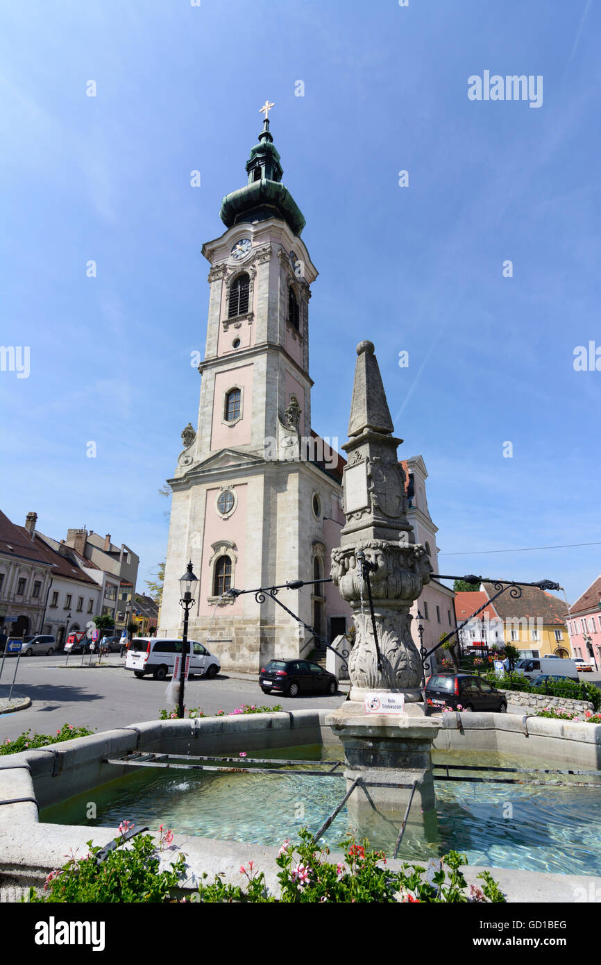 Hainburg an der Donau: Main square with the parish church with Haydn Fountain, Austria, Niederösterreich, Lower Austria, Donau Stock Photo