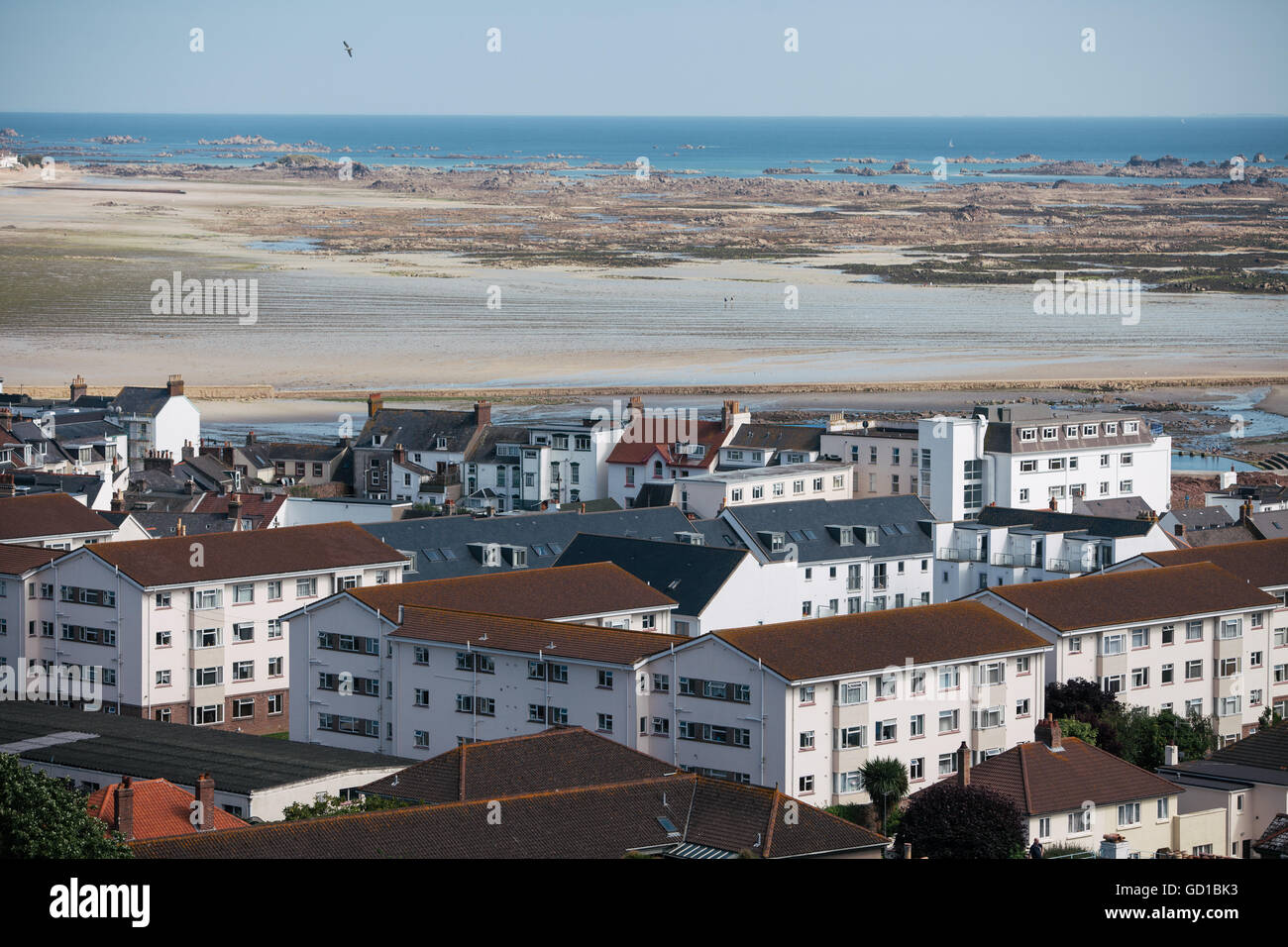 Color landscape in Jersey island with houses and beach. Stock Photo