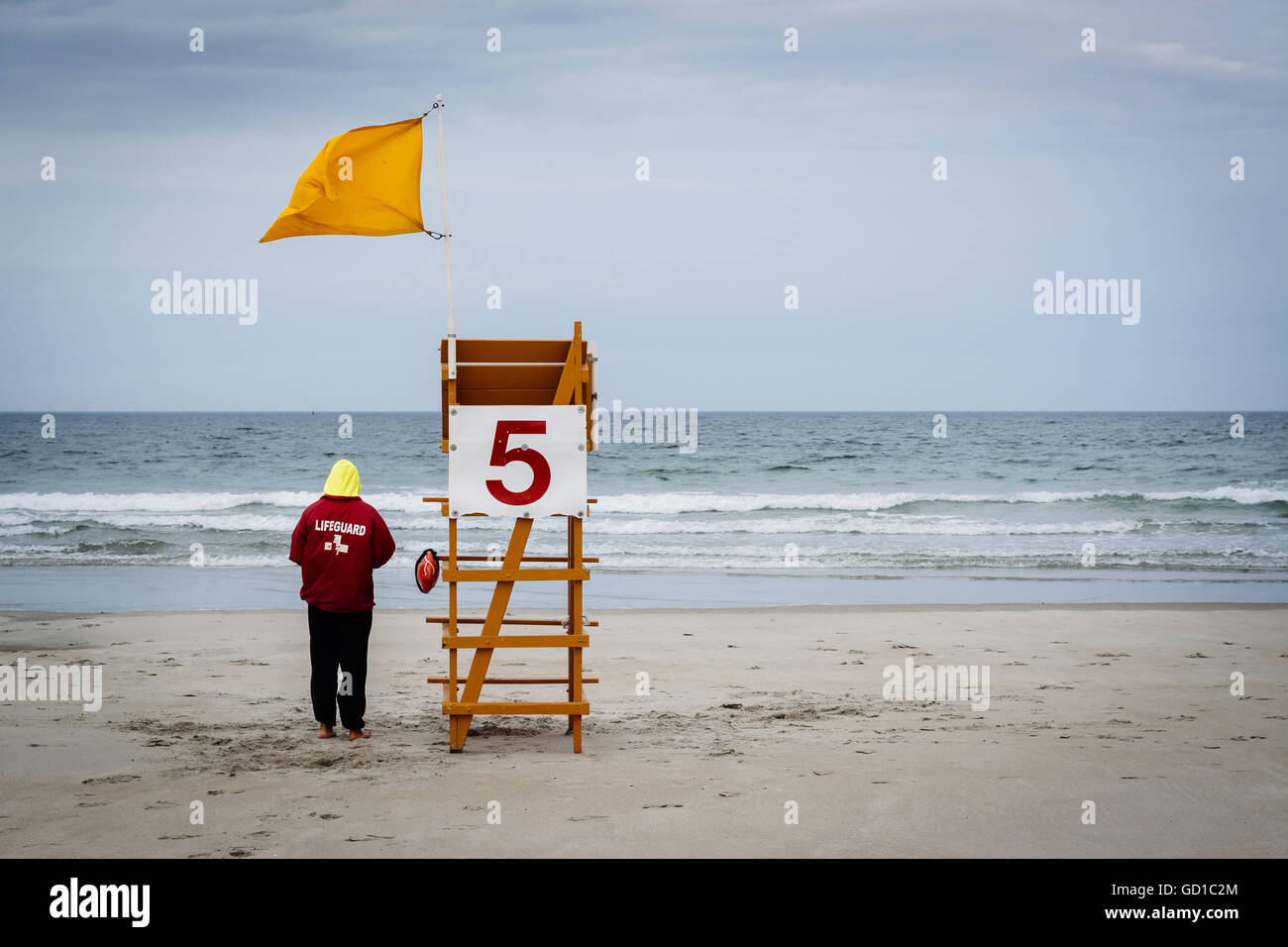 Lifeguard and lifeguard stand at Hampton Beach, New Hampshire Stock