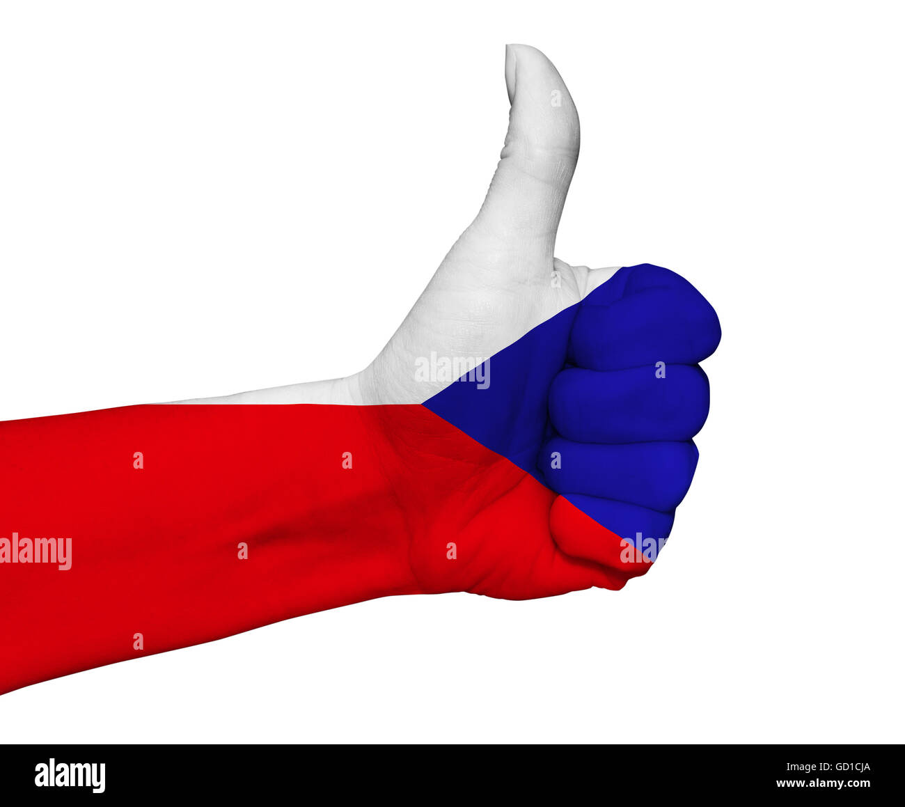 Hand with thumb up painted in colors of Czech Republic flag Stock Photo
