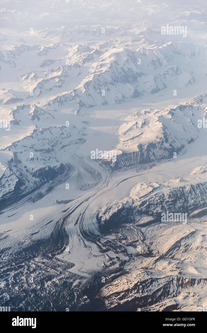 Aerial view of snow covered mountains and glaciers in the coastal range