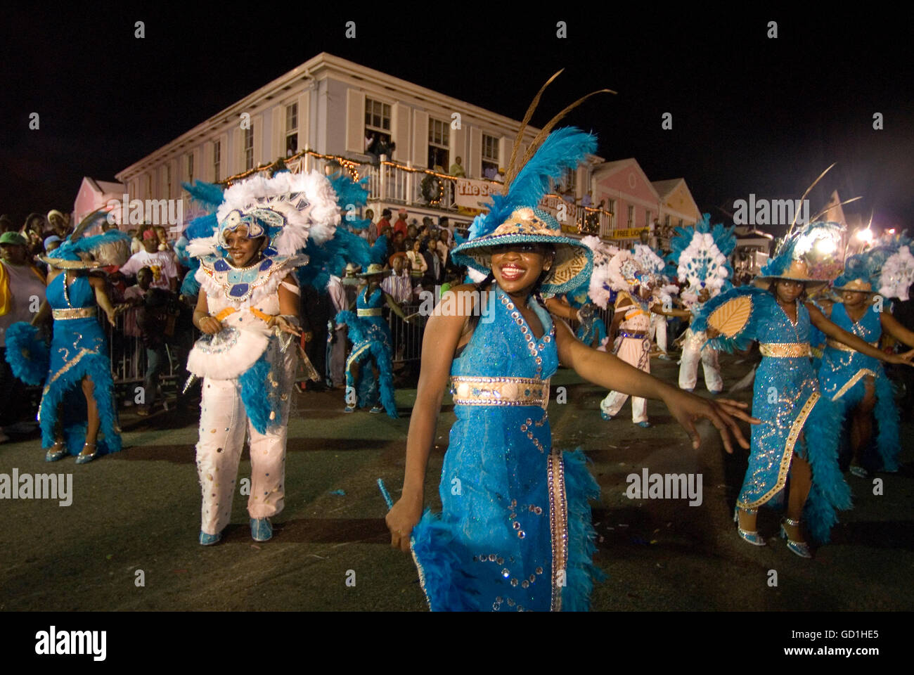 Carnaval del Junkanoo. Bay Street, Nassau, New Providence Island, Bahamas, Caribbean. New Year's Day Parade. Boxing Day. Costumed dancers celebrate the New Year with the Junkanoo Parade on January 1. Stock Photo