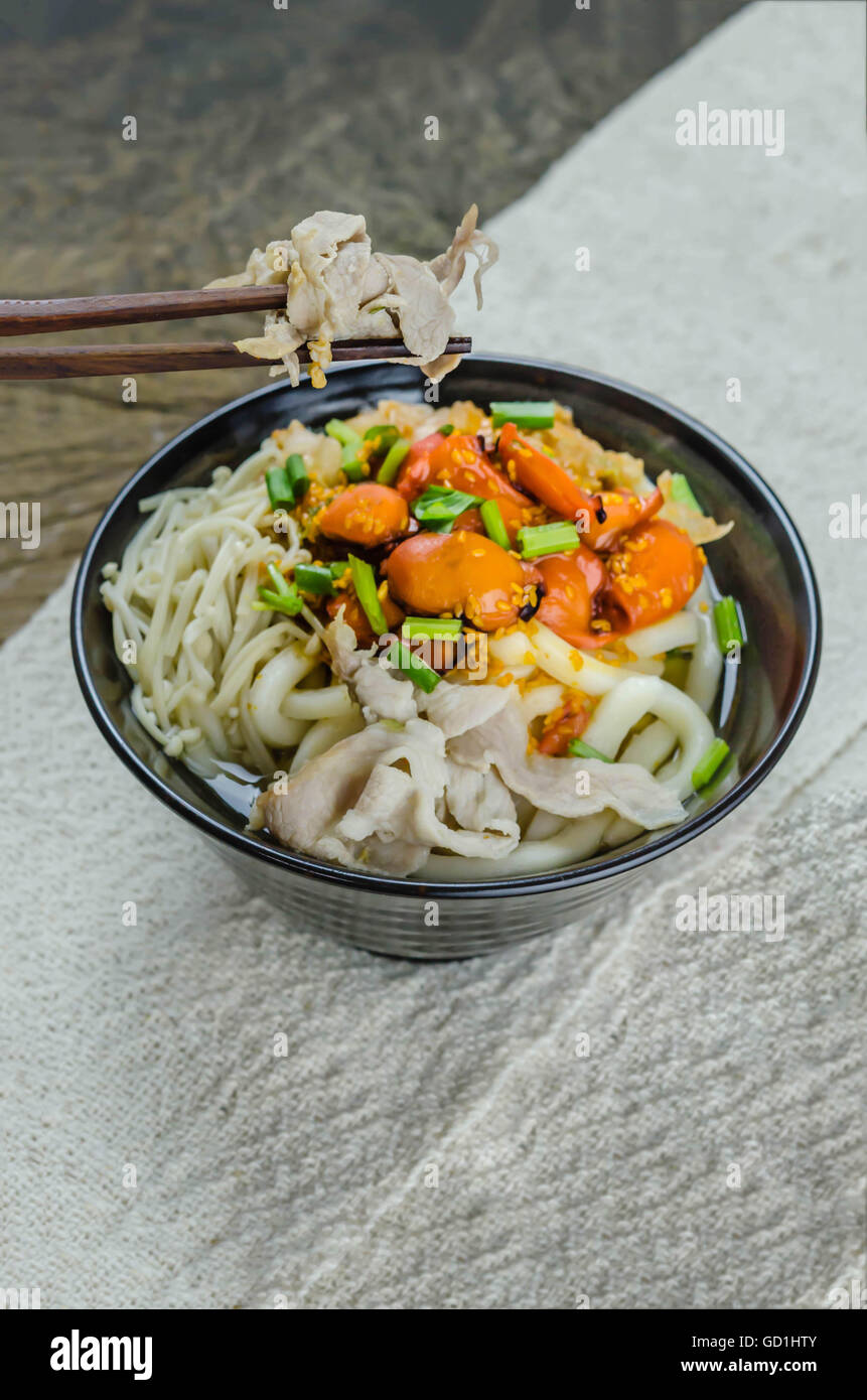 Korean hot spicy noodles with kimchi and seafood Stock Photo