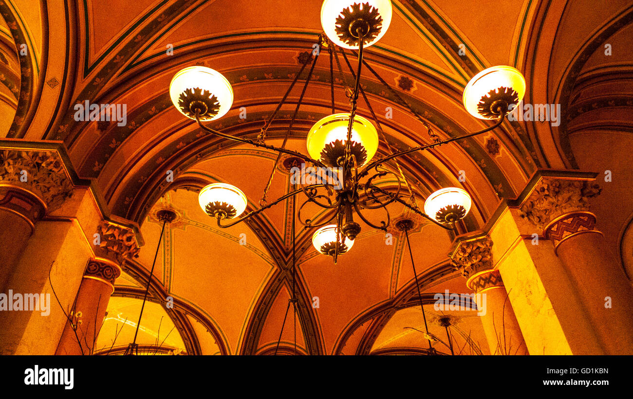 Vienna,cafe looking towards ceiling with light fixtures Stock Photo
