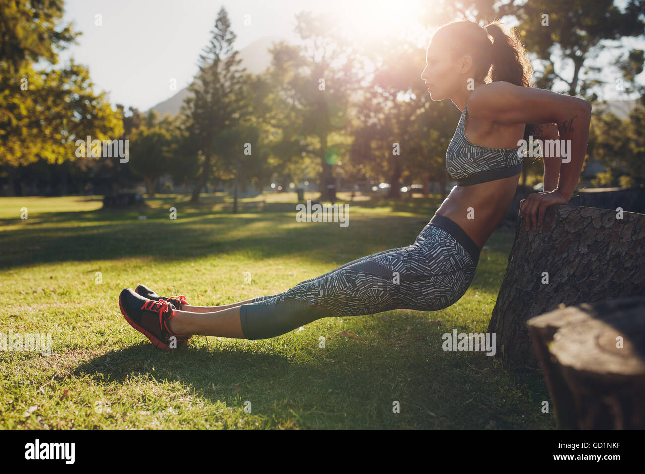Side view shot of fit young female doing dips workout on a wooden log at the park. Sportswoman exercising out in nature on a sun Stock Photo