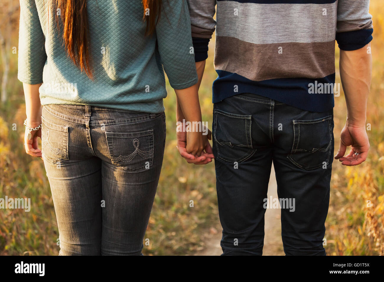 A young couple holding hands while walking in a park in autumn and and enjoying the warmth of the evening sunshine; Edmonton, Alberta, Canada Stock Photo