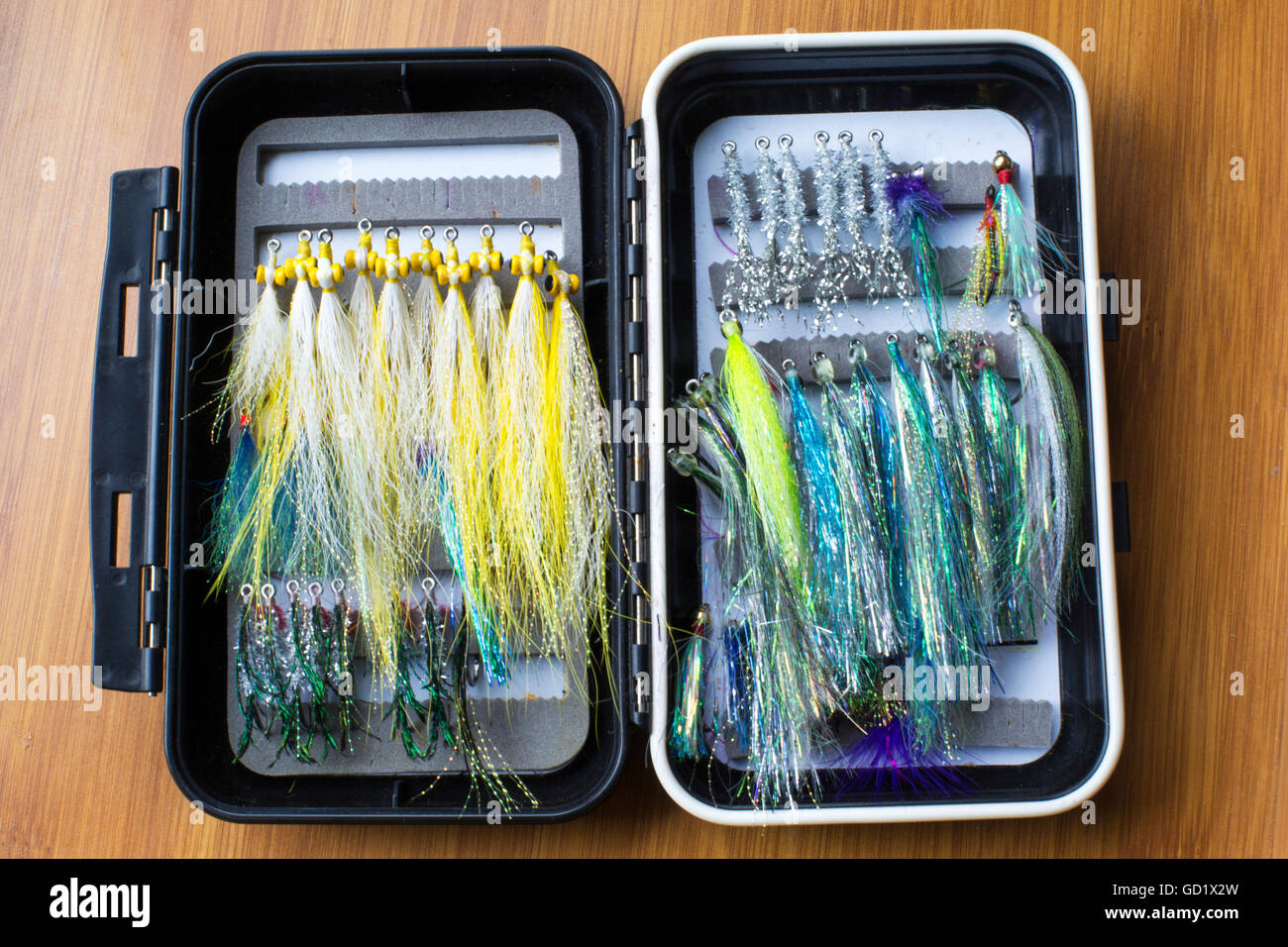 Flies tied meticulously by an avid fisherman for lake trout fishing; Chilliwack, British Columbia, Canada Stock Photo