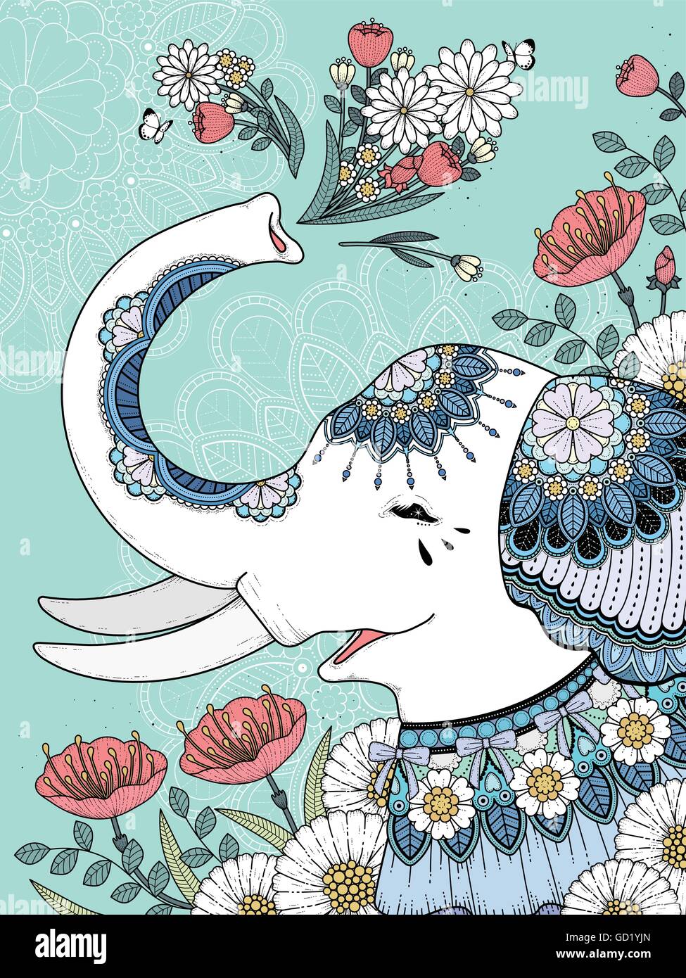 Beautiful white elephant coloring page with floral background Stock ...