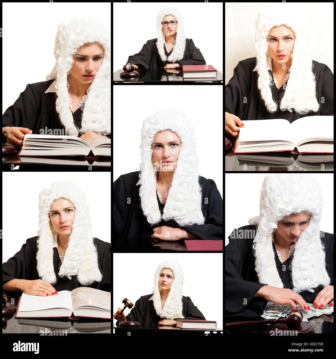 Portraits of Female Judge wearing a wig and black mantle.Collage. Stock Photo
