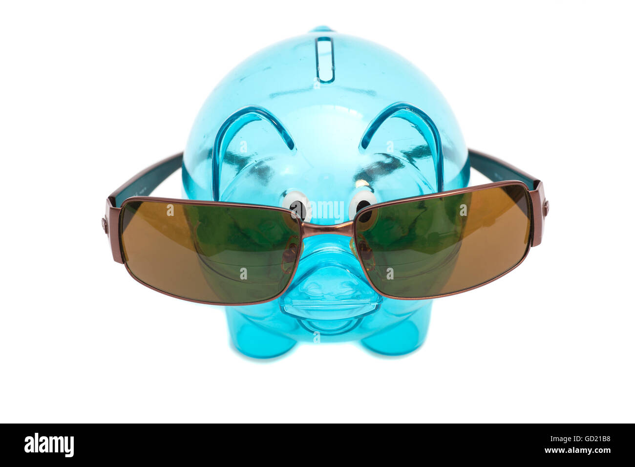 Glass piggy bank with sunglasses isolated on white Stock Photo - Alamy