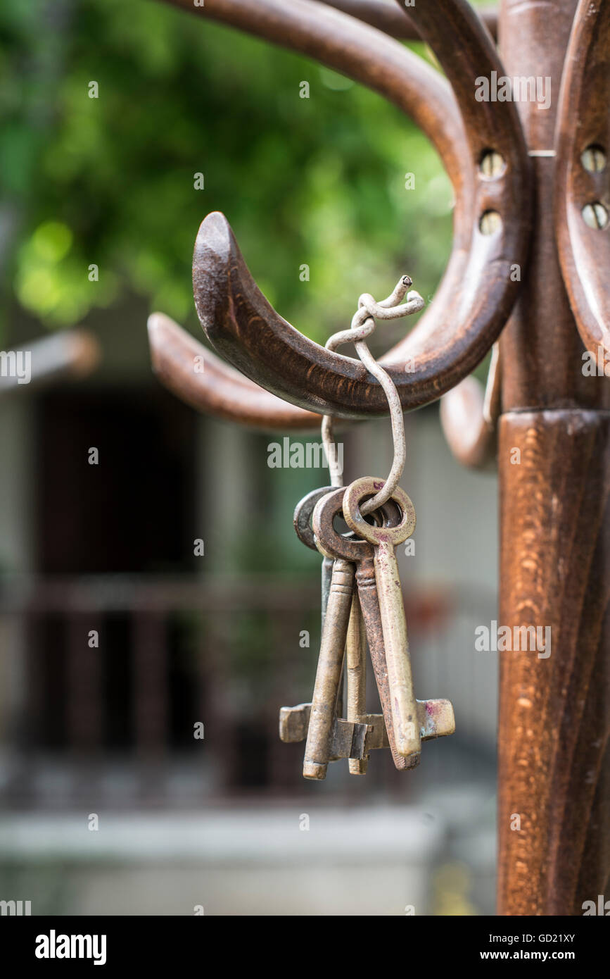 Bundle of old keys on a vintage wooden hanger in the garden Stock Photo