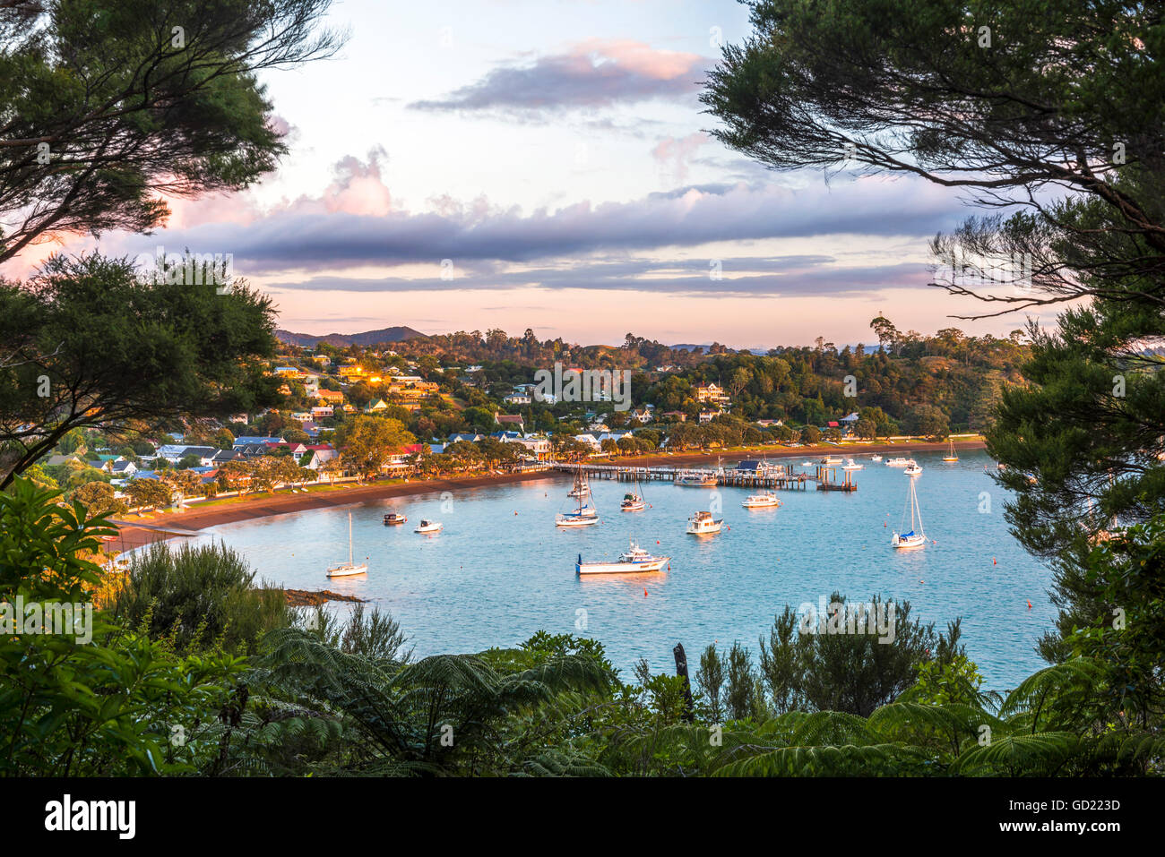 Russell at sunset, Bay of Islands, Northland Region, North Island, New