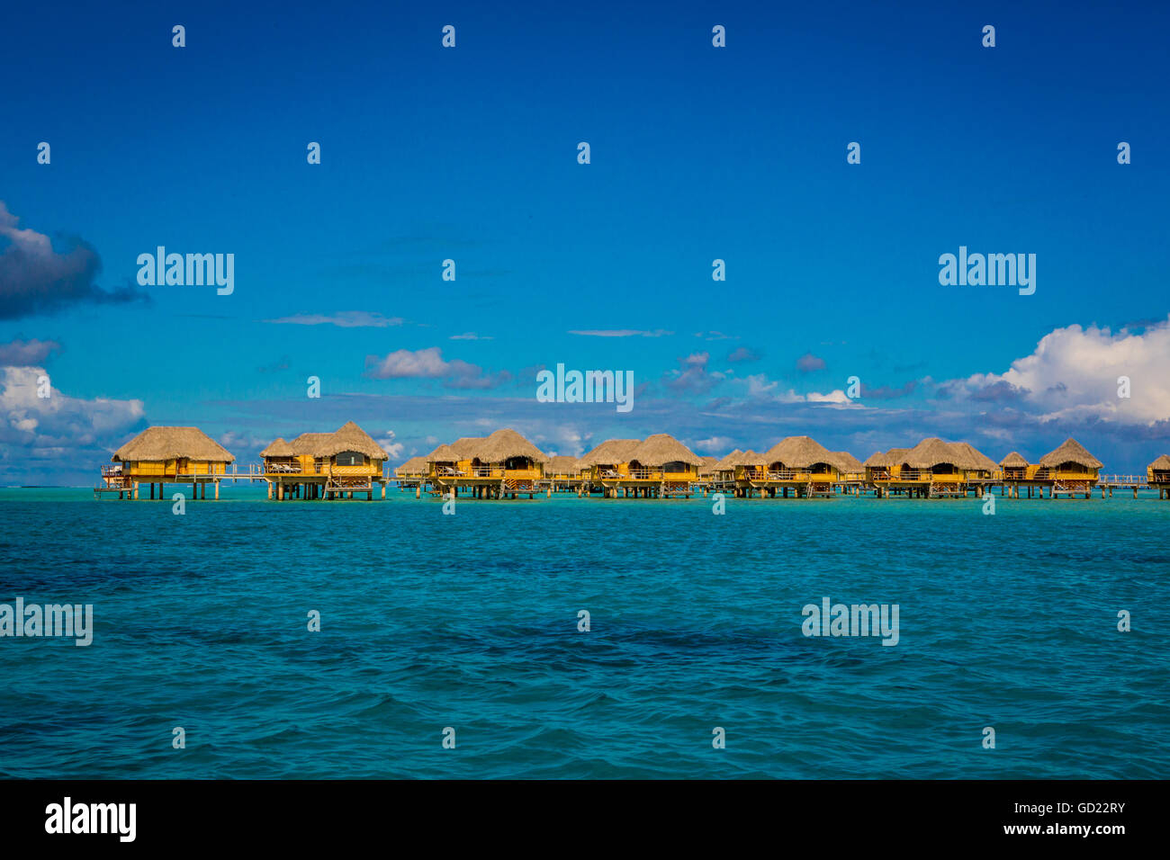 Overwater bungalows, Le Taha'a Resort, Tahiti, French Polynesia, South Pacific, Pacific Stock Photo
