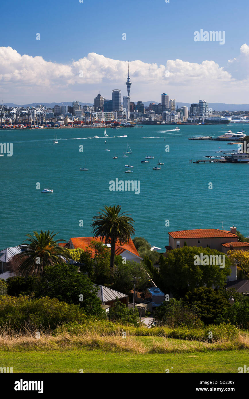 Auckland City skyline and Auckland Harbour seen from Devenport, North Island, New Zealand, Pacific Stock Photo