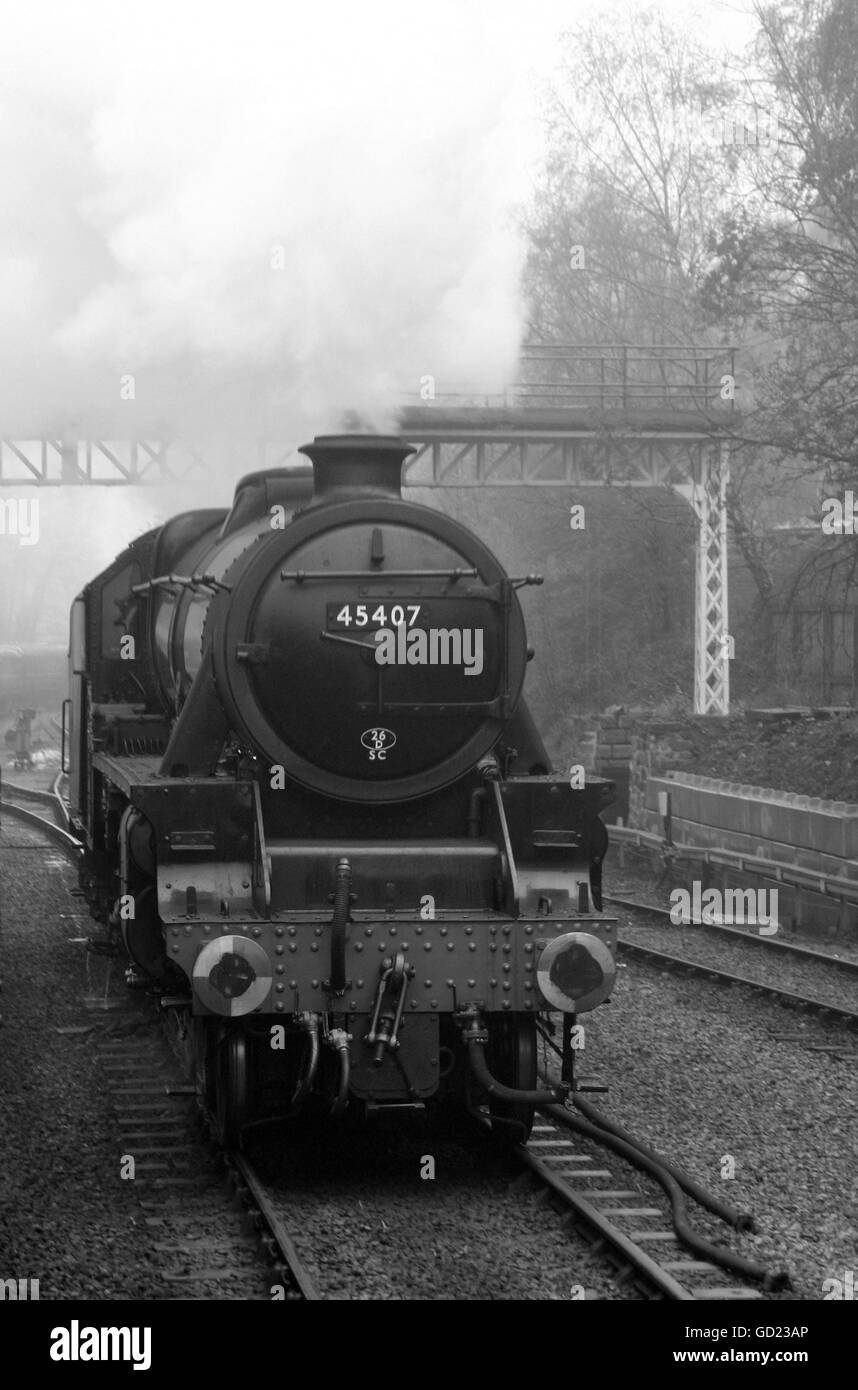 45407 Black Five at Grosmont in black and white Stock Photo