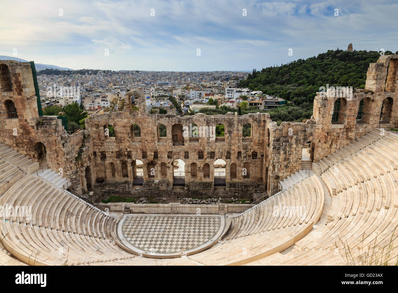 Theatre of Herod Atticus below the Acropolis with the Hill of Philippapos and city view, Athens, Greece, Europe Stock Photo