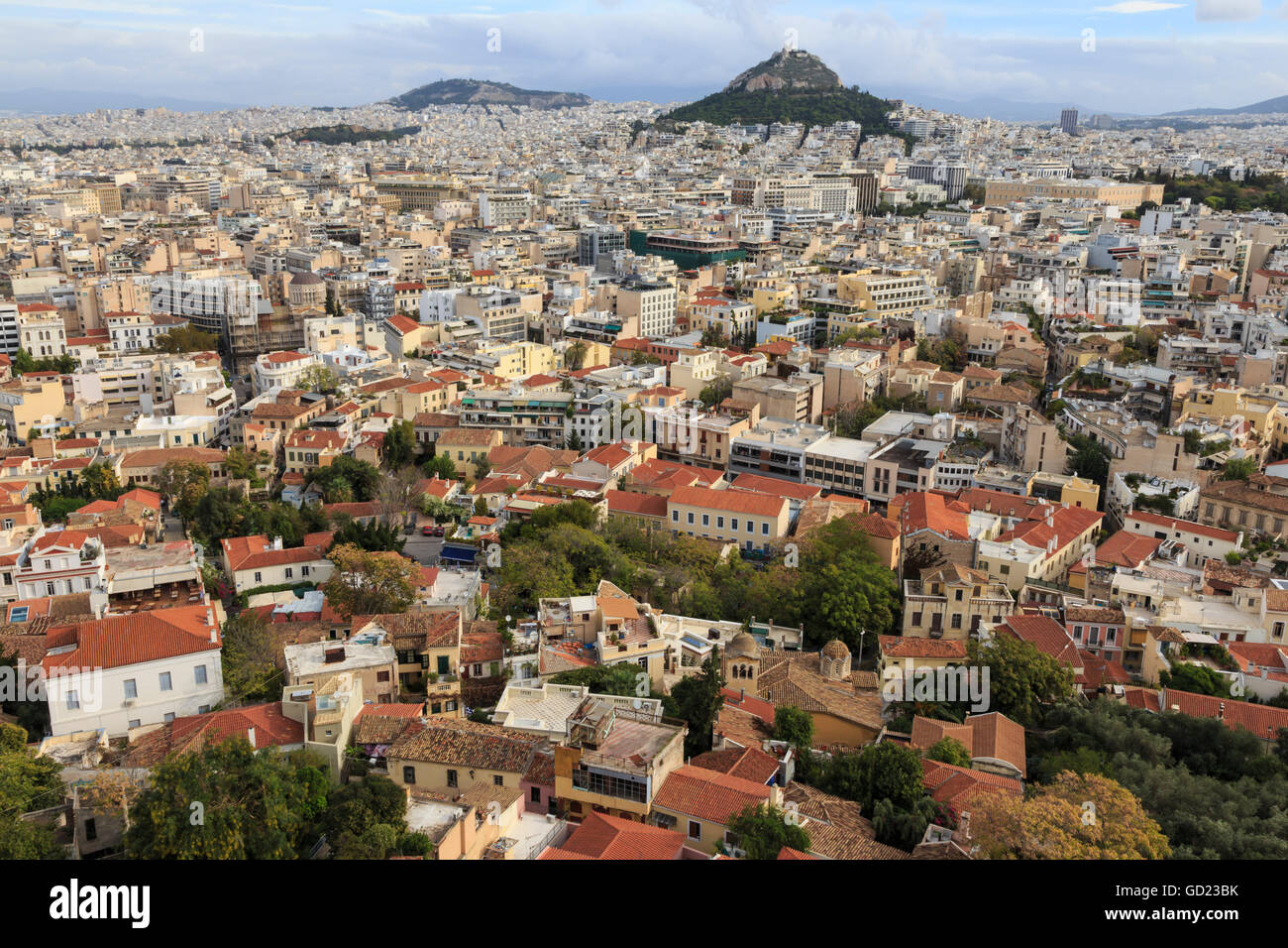 Elevated Athens city view from the Acropolis, towards Lykavittos Hill and Parliament across Plaka and Syntagma, Athens, Greece Stock Photo