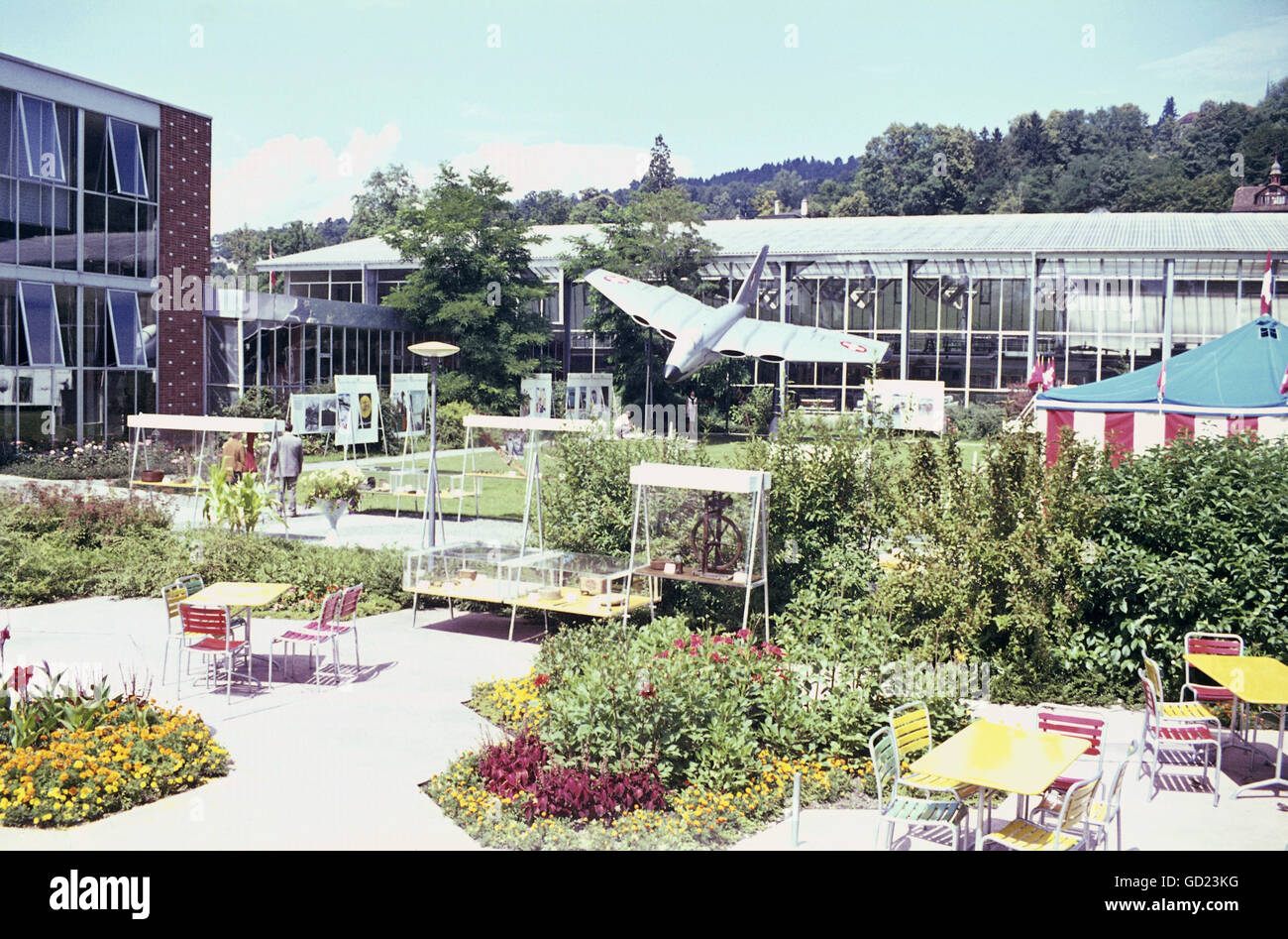 geography / travel, Switzerland, Lucerne, museums, Verkehrshaus der Schweiz, (Swiss Transport Museum), exterior view, aviation, model of a jet fighter, show cases and terrace with chairs and tables, 1965, Additional-Rights-Clearences-Not Available Stock Photo